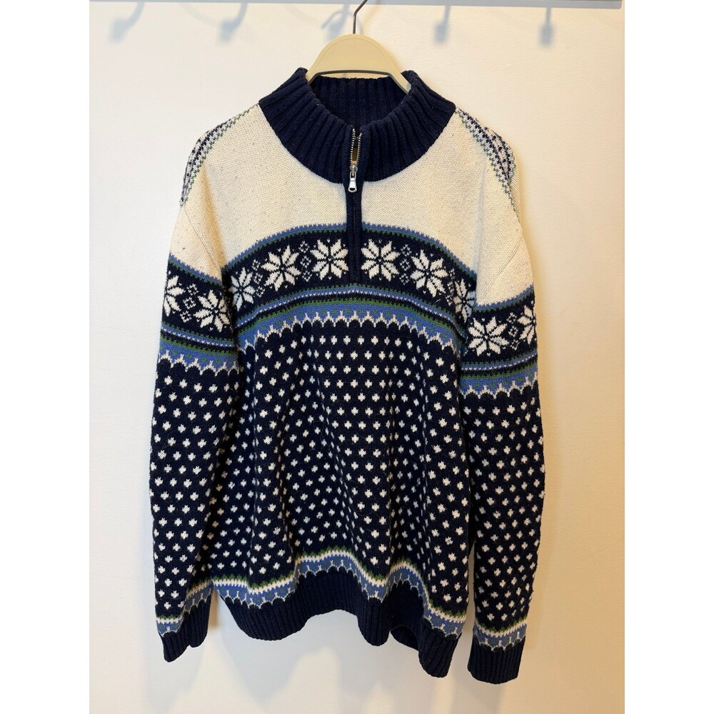 Vintage Lands’ End Nordic Fair Isle Half Zip Sweater XL Cotton Lambswool Blend